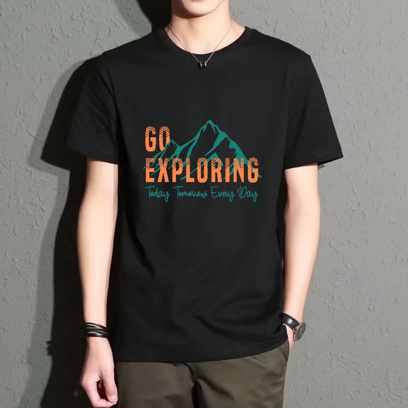 Outdoor Adventure Wear - Men's Black Round-Neck Short-Sleeved T-Shirt with
