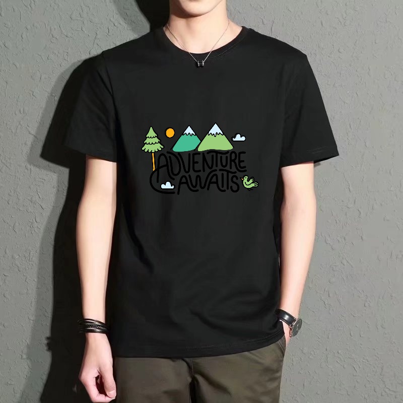 Outdoor Adventure Wear - Men's Black Round-Neck Short-Sleeved T-Shirt, Adventure-Themed
