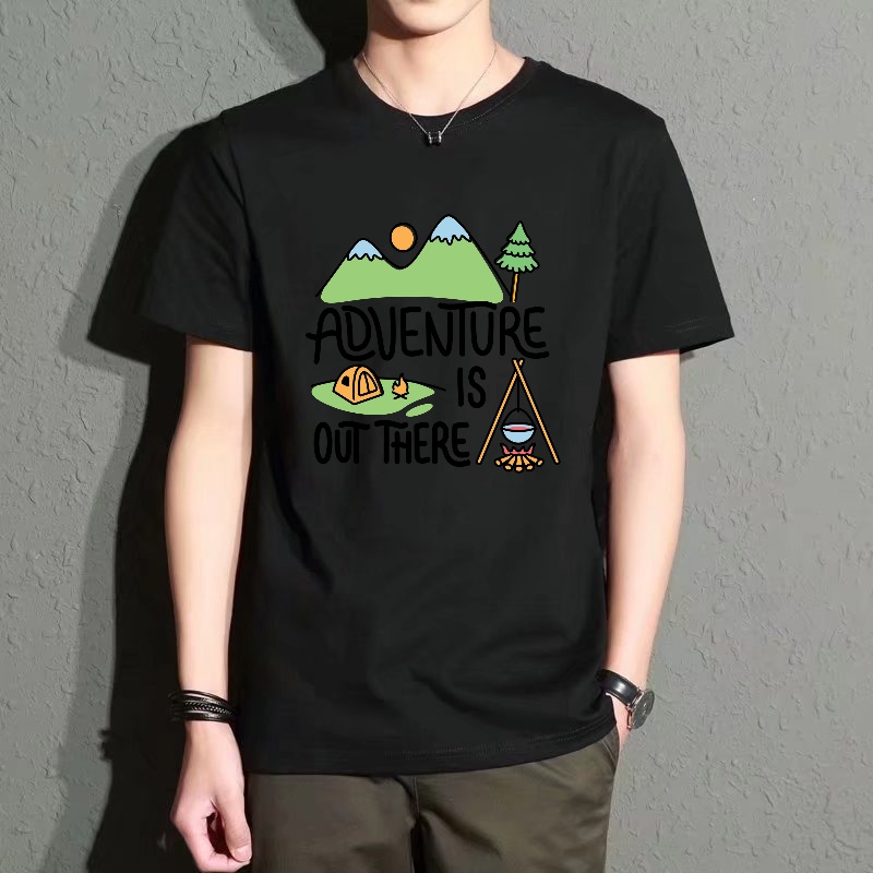 Outdoor Adventure Wear - Men's Black Round-Neck Short-Sleeved T-Shirt with