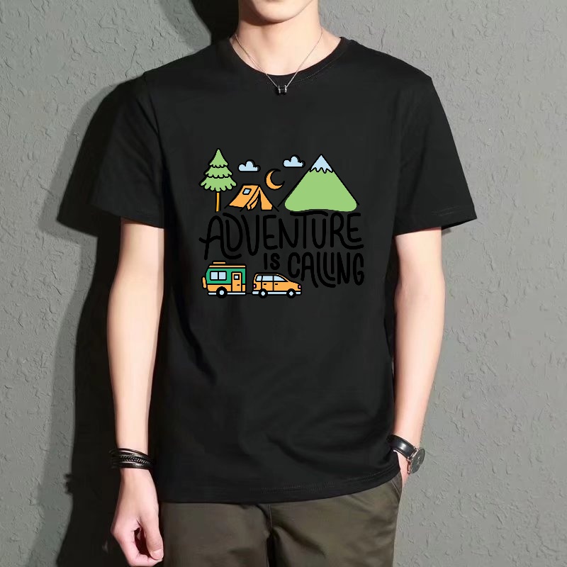 Outdoor Adventure Wear - Men's Black Round-Neck Short-Sleeved T-Shirt, Outdoor
