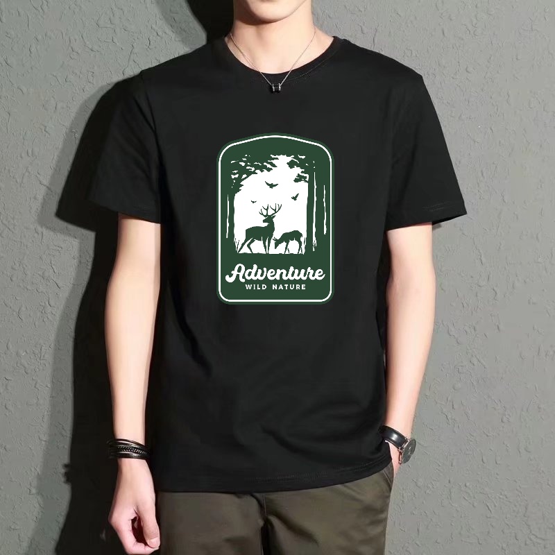 Outdoor Adventure Wear - Men's Black Round-Neck Short-Sleeved T-Shirt with