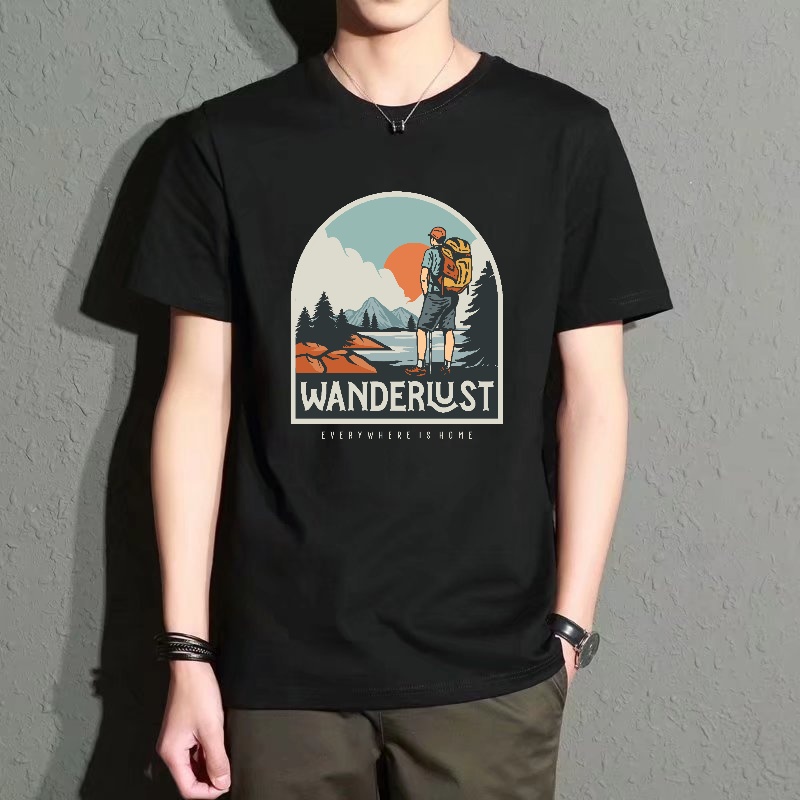 Outdoor Adventure Wear - Men's Black Round-Neck Short-Sleeved T-Shirt with
